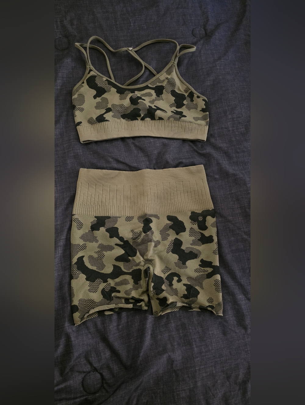 Green Camo Seamless Medium Sports Bra And Small Shorts